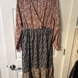 PatPat Floral Long Sleeve Maxi Dress - Brown and Black